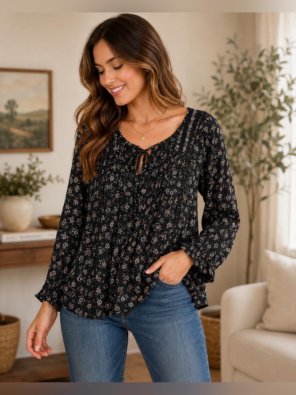 Style & Co Black Floral Peasant Blouse Medium Boho Pintuck Tie Neck Rayon